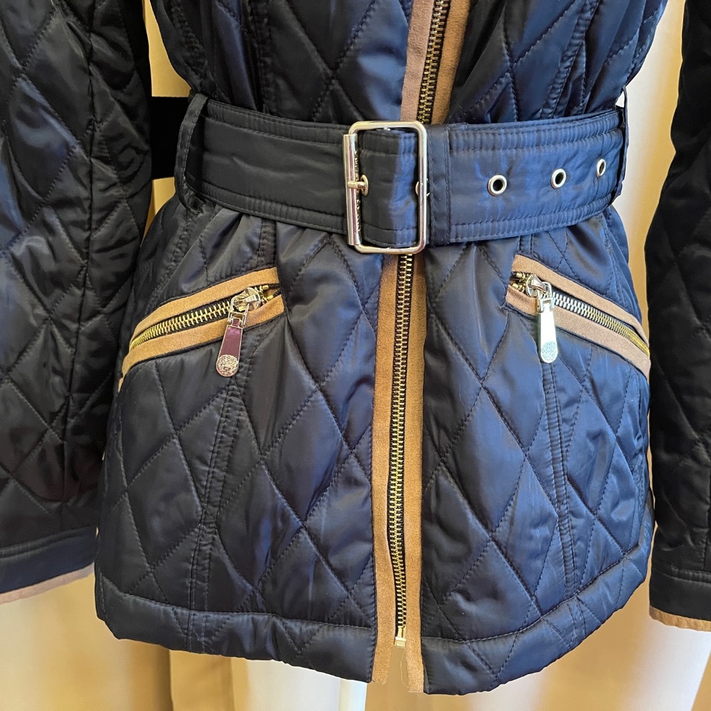 NEW! Vince Camuto Navy Blue and Tan Belted Jacket Size XS - Picture 6 of 15